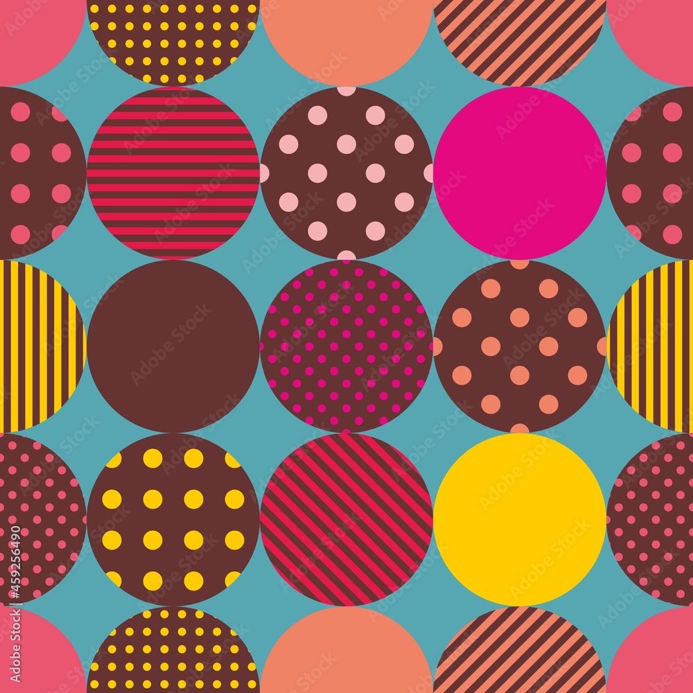 Poster tile patchwork vector pattern with pastel polka dots on brown background