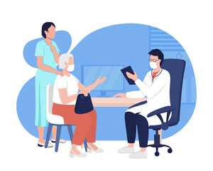 Fototapeta premium Doctor consultation 2D vector isolated illustration. Visit to physician. Health diagnostics. General practitioner with patients flat characters on cartoon background. Medical care colourful scene