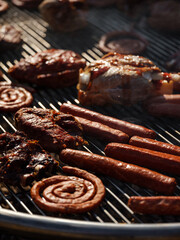 Served on plate grill dishes - pork, beef, chicken meat steak and sausages cooked on the picnic with barbecue. Outdoor nature background concept