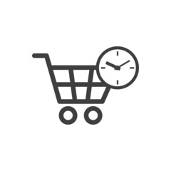 Logotipo con silueta de carrito de la compra con esfera de reloj simple con lineas en color gris
