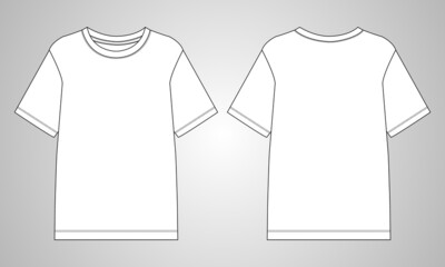 Short sleeve Basic T shirt overall technical fashion flat sketch vector illustration template front and back views. Apparel clothing mock up for men's and boys.