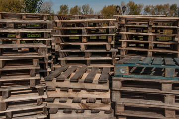 stacks of wooden pallets in a warehouse yard