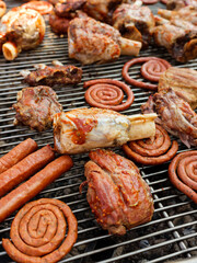 Outdoor barbecue and grill with meat steaks