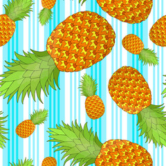 Pineapple seamless pattern on striped background. Tropical fruit repeating endless texture. Yummy boundless background. Food surface pattern design. Editable tile for textile or stationery