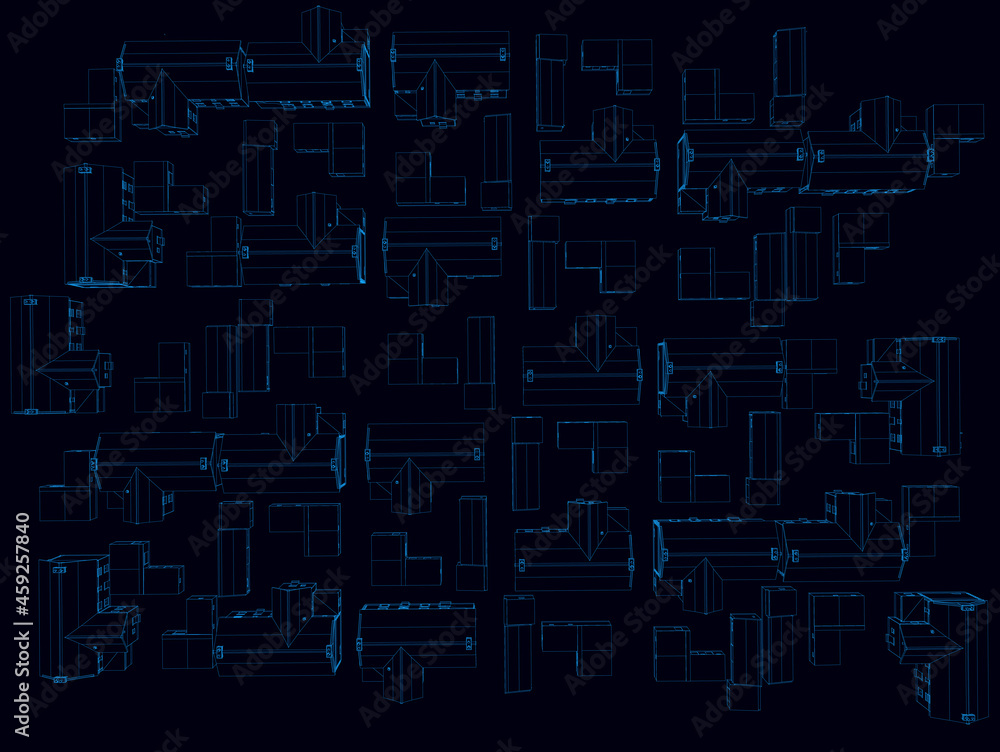 Poster background with the contours of houses from blue lines on a dark background. view from above. vector