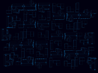 Background with the contours of houses from blue lines on a dark background. View from above. Vector illustration