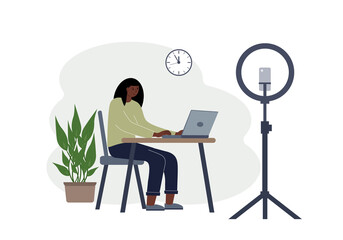 Illustration of a female blogger at the table with a laptop. Online filming of a training course or blog