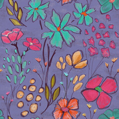 Seamless pattern, flowers, plants, painting, canvas texture, paint texture.