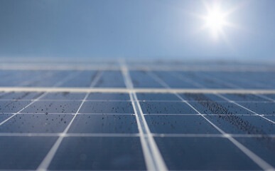 Close-up of Solar energy panel photovoltaics module. Copy space, banner. Abstract solar panels...