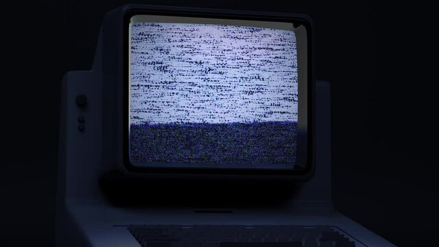 Retro vintage 3D Render display or monitor with dynamic flickering noise effect on the screen. Static VHS noise. Bad signal transmission, aberrations, stripes, analog artifacts, offset flicker 4K clip
