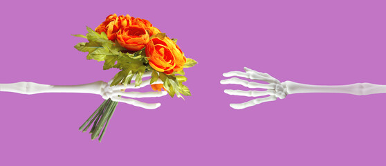 Halloween love creative and bizarre concept with two skeleton arms and flowers. Present for holiday. 