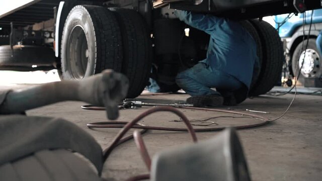 auto mechanic at work. car wheel protection. breakdown of the truck.