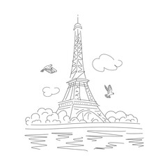Fototapeta na wymiar Eiffel Tower with trees on the river bank and flying pigeons. Landmark of Paris. Vector linear illustration
