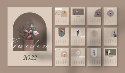 Calendar 2022, card pages of calendar with separate  monthes cards, botanical illustration with flowers, social media posts design, warm colors, with organic shadow