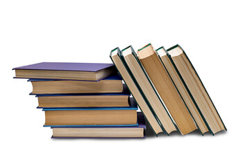 A stack of old books, isolated on a white background.