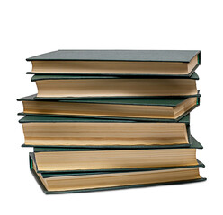 A stack of old books, isolated on a white background.