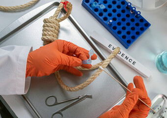 Police scientist extracts DNA sample from hanging victim's body, crime lab analysis, conceptual image