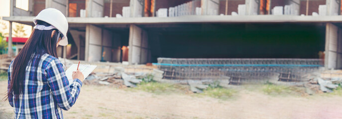 Banner woman construction engineer writing notepad wear plaid shirt safety white hard hat at...