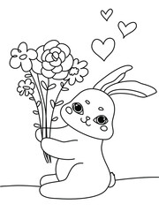 Cute hearts cartoon pet rabbit. Coloring book animal bunny with bouquet flowers.