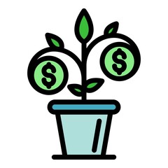 Fototapeta na wymiar Money plant pot icon. Outline money plant pot vector icon color flat isolated