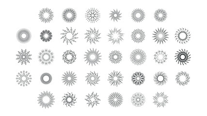 Set Abstract Collection Round Circles Starburst Sunburst Sunset Black Line Doodle Design Elements Bursting Rays Sunrise Shine Light Radiant Sparkles Vector Design Style