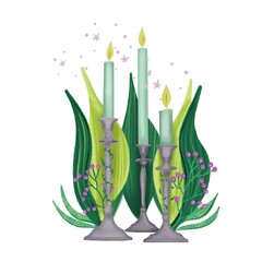 Illustration of three candles in candlesticks among green leaves