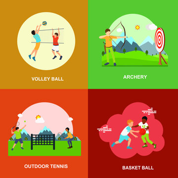 volley ball, archery, basketball, tennis outdoors flat concept collection