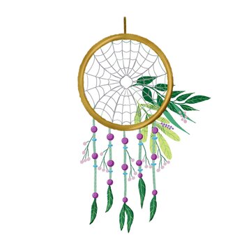 Dreamcatcher illustration decorated with green leaves