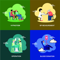 Bp measurement, hypnotism, blood donation, operation collection flat concept design