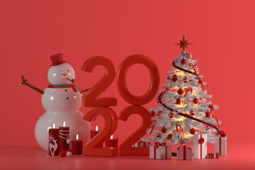 Happy new year 3d background with snowman christmas tree