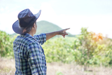 Asian male landowner point to show his boundary  in forest and mountain. Concept : Estate ,Land trading business. Plan project to do something. Adventure in forest. Travel, explore outdoor nature. 