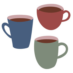 Vector illustration with collection of cups. Cups and mugs with hot drink.