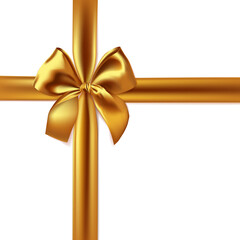 Realistic gold bow and ribbon isolated on white background.