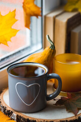 Autumn still life with a beautiful bokeh. Outside the window, maple leaves and raindrops are running down the glass. A cup of hot tea, books, and a knitted blanket by the window.