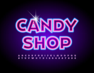 Fototapeta na wymiar Vector creative logo Candy Shop. Bright illuminated Font. Funny Neon Alphabet Letters and Numbers set