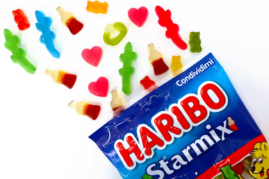 Italy &ndash; September 26, 2021: Haribo Candies package on white background. Haribo is a German Confectionery Company