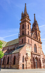 The famous red Basler Münster (Basel minster cathedral), built from red sandstone in Basel, Switzerland