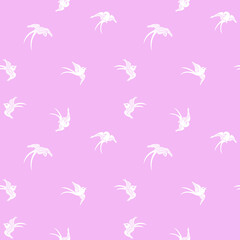 Fototapeta na wymiar Seamless pattern with white birds on pink background. Swifts. Swatch is included. 