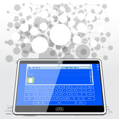 A Tablet computer presenting an email app interface. A pattern of Connected network nodes represented the global communications links used to send emails.