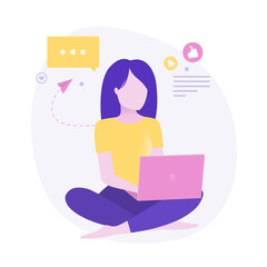 illustration girl working at laptop pink