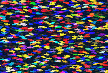 Fototapeta na wymiar shoal of many small multicolored fish on water