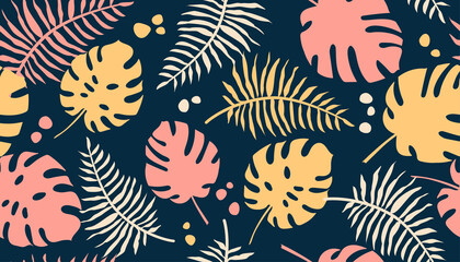 Seamless tropical pattern with colorful palm and monstera leaves