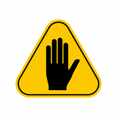 Hand stop warning sign, blocking hazard sign, Yellow Triangle Caution Symbol, isolated on white background, vector icon