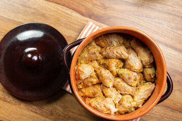 Typical Moldovan and Romanian dish. Cabbage rolls stuffed with meat, rice and vegetables with sour cream. Sarmale.
