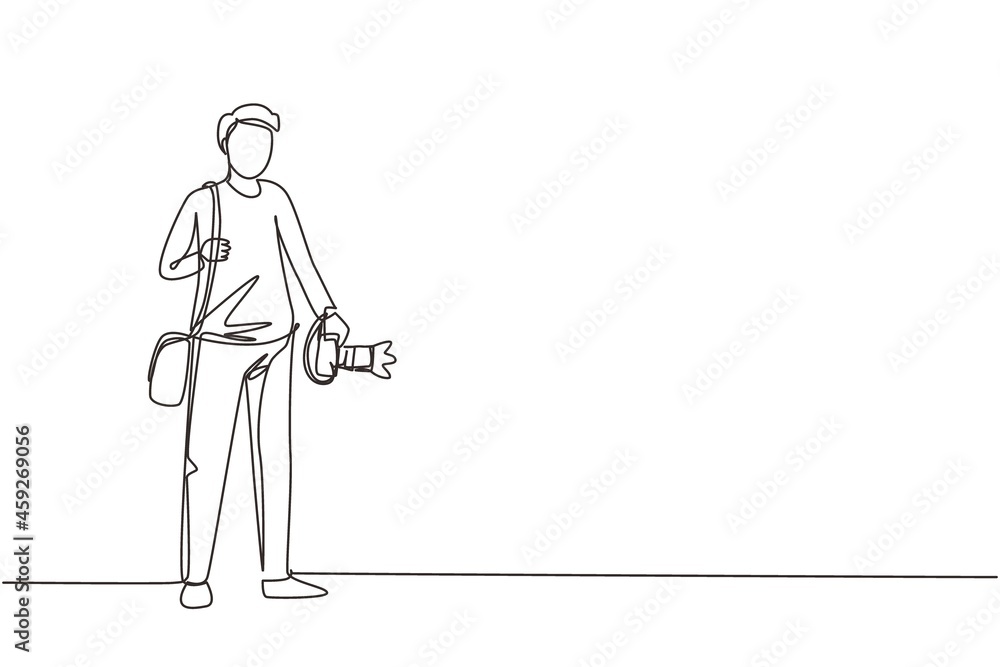 Poster single continuous line drawing hipster photographer with holding camera in photo studio. photographe