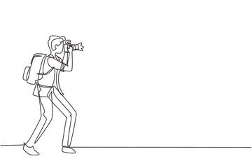 Continuous one line drawing photographer or paparazzi taking photo with modern digital cameras from all angles. Journalists or reporters with backpack making pictures. Single line draw design vector