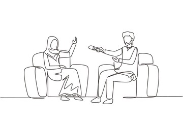 Single one line drawing journalistic interview. Coworker, colleagues talk, conversation. Journalist, interview with Arabian businesswoman communicating. Continuous line draw design vector illustration