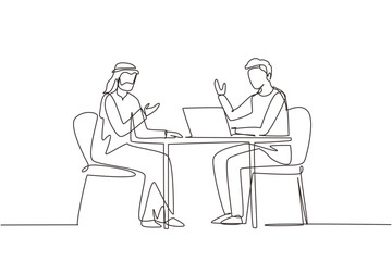 Fototapeta na wymiar Continuous one line drawing Arab male interviewing famous person in studio for tv show. Concept of television or internet broadcast with journalist talking to celebrity. Single line draw design vector