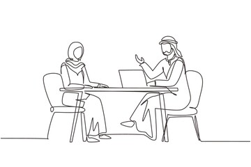 Continuous one line drawing Arabian man journalist interviewing girl at desk. Live stream, tv show. Journalist talking to guest. Broadcaster news at studio. Single line draw design vector illustration