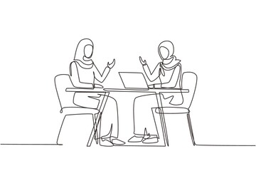 Continuous one line drawing Muslim TV show with guest. Arabian girl celebrity giving interview to television presenter, journalist asking famous women host. Single line draw design vector illustration